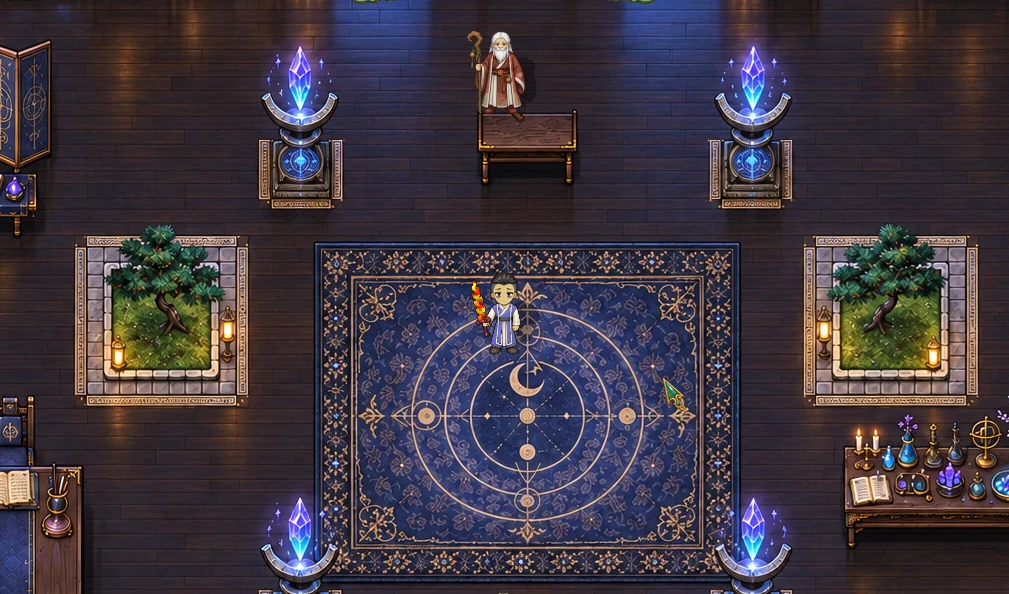A starlit hall lit by spirit braziers